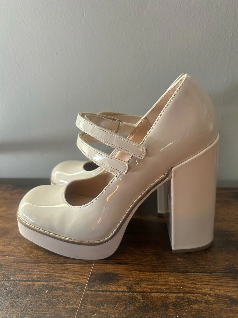 Steve Madden Cream Patent Double-Strap Platform Pumps